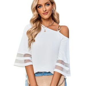 Flygo 2023 Women Summer Solid Color Loose Fitting Chiffon Blouse 3/4 Bell Sleeve